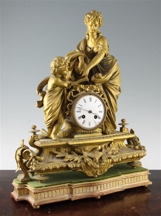 A late 19th century French gilt metal mantel clock, 17.75in.